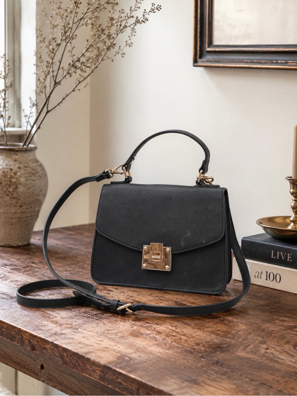 Aldo Black Structured Top-Handle Satchel with Gold Hardware